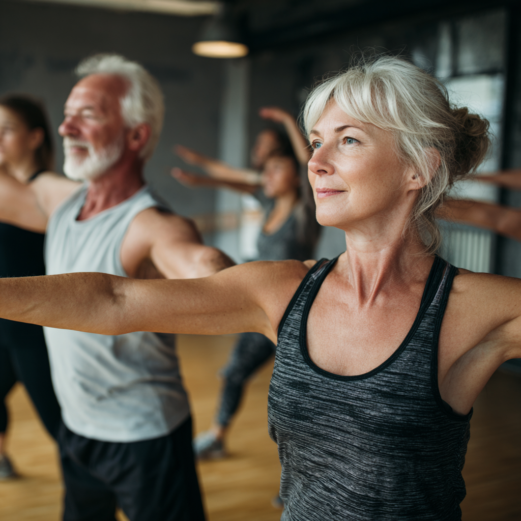 Mature adults exercising together in a supportive fitness environment