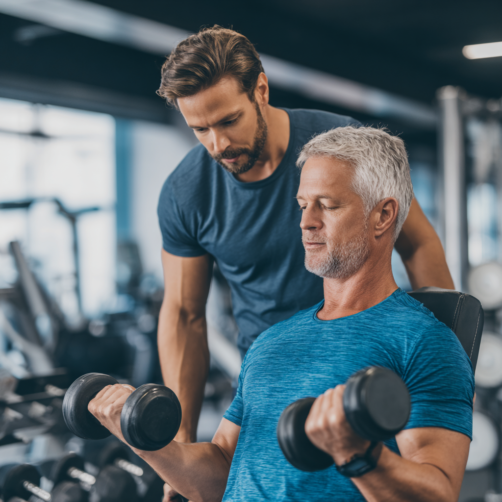 Professional fitness trainer working with middle-aged client in modern gym setting